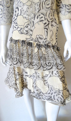1980s Zandra Rhodes Abstract Motif Drop Waist Silk Dress