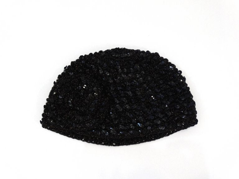 1970s Saks Fifth Avenue Black Sequin Flower Skullcap