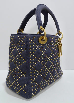 Christian Dior Medium Blue Denim Studded Lady Dior Handbag