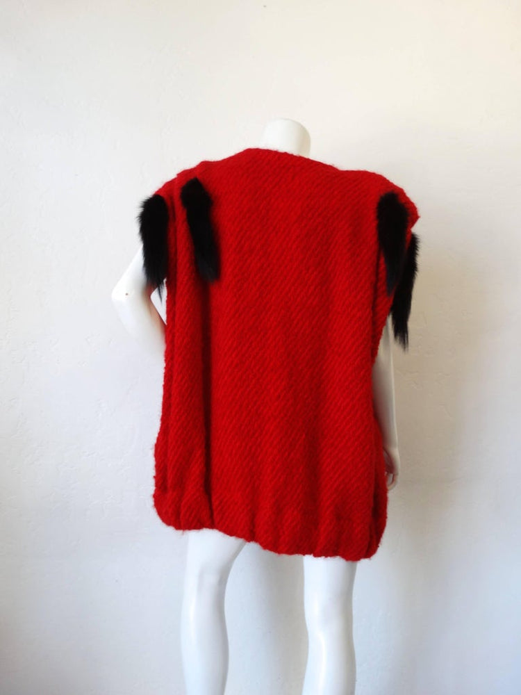 1980s Silver Lining Red Knit Mink Tail Vest