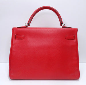 Hermes Kelly 32cm Epsom Leather Handbag Red Silver Replica Sale Online With  Cheap Price