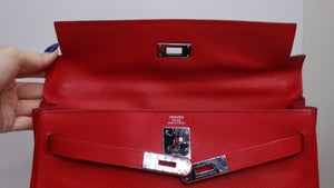 HERMES Kelly 35 Handbag Epsom Silver Hardware Classic 2006 Rouge Red Strap