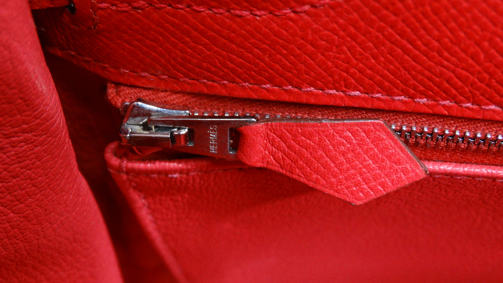 HERMES Kelly 35 Handbag Epsom Silver Hardware Classic 2006 Rouge Red Strap