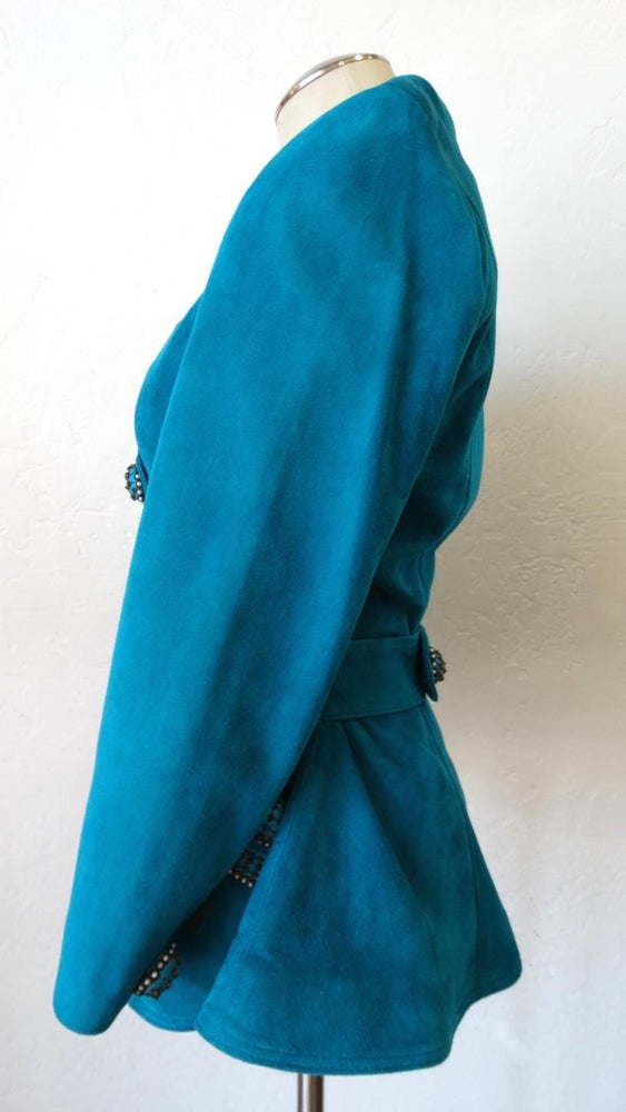 1980s Jean Claude Jitrois Embellished Teal Leather Blazer