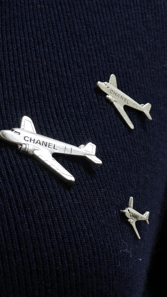 Chanel Cashmere Knit Plane Pins Navy Blue Dress – Vintage by Misty