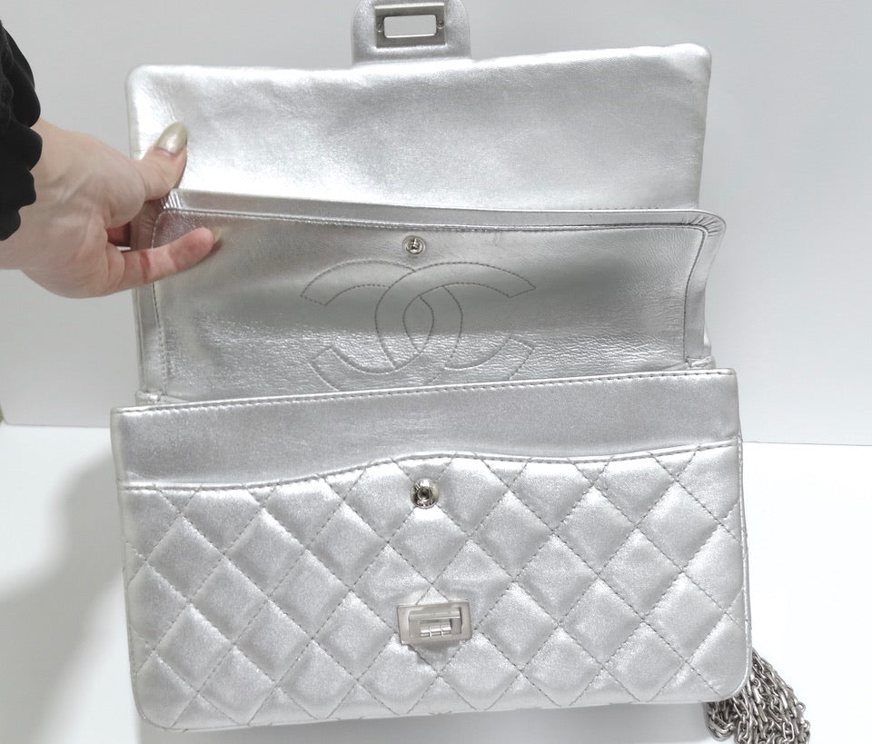 Chanel Silver Metallic 2.55 Quilted Calfskin Shoulder Jumbo Double Flap Bag