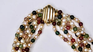 Pearl and Tourmaline 1980's Statement Multi-Chain Necklace