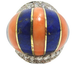 Coral And Lapis Striped Diamond Cocktail Ring