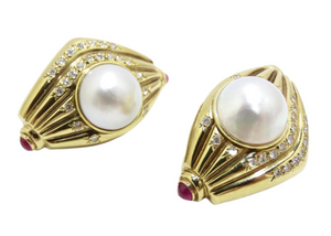 Diamond Pearl and Ruby 1980's Earrings