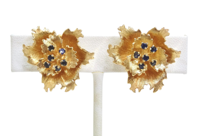 Cartier 1940's 14k Gold Sapphire Flower Earrings