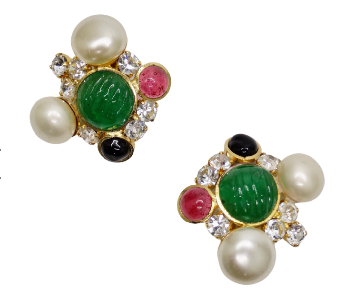Imitation Pearl, Strass, and Enamel Flower CC Drop Earrings, 2022