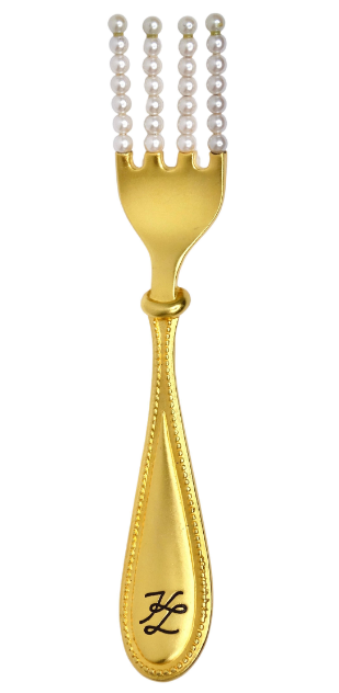 Large Karl Lagerfeld Gilt Gold Fork Brooch With Pearls