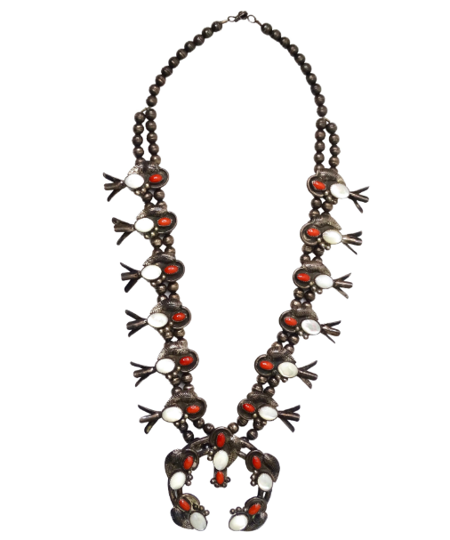 Navajo Coral and Mother of Pearl Sterling Silver Squash Blossom Necklace