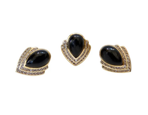 14k Gold Onyx Teardrop Earrings and Ring with Diamonds